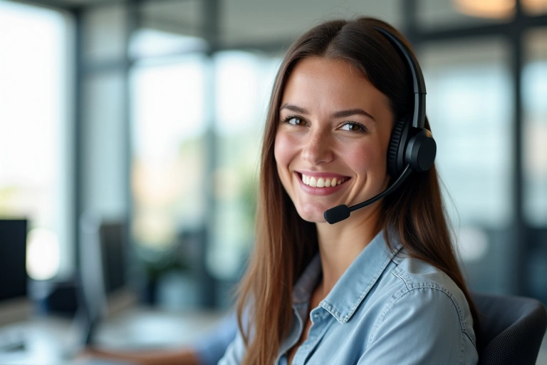 A friendly customer service representative smiling while talking on a headset in a modern office