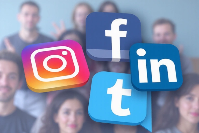 A collage of social media icons for Instagram, Facebook, and LinkedIn with a vibrant and engaging design