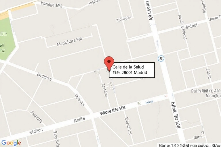 A detailed map showing the location of NutriVida Saludable at Calle de la Salud, 15, 28001 Madrid, Spain, with a pin marker