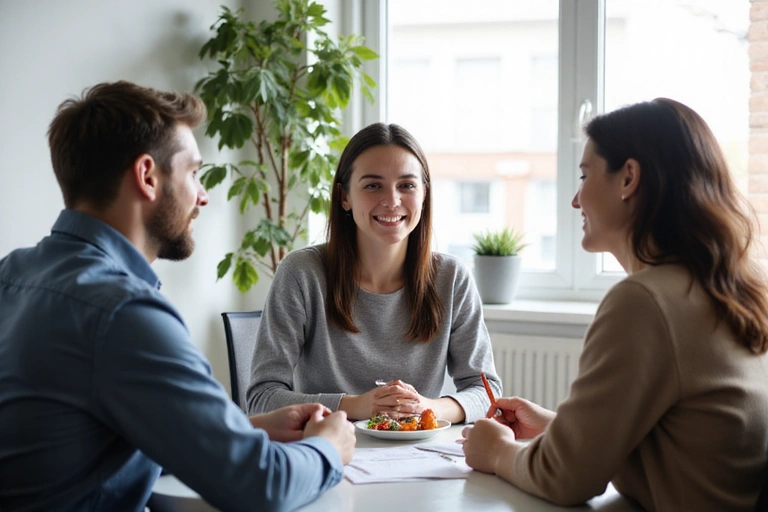 Hombre y mujer hablando con un nutricionista en una consulta.