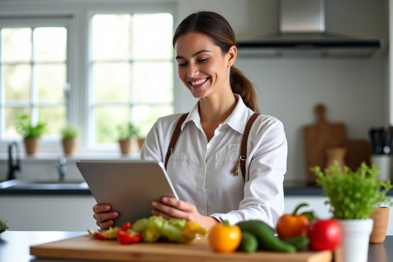 Mujer leyendo un artículo de blog sobre nutrición.
