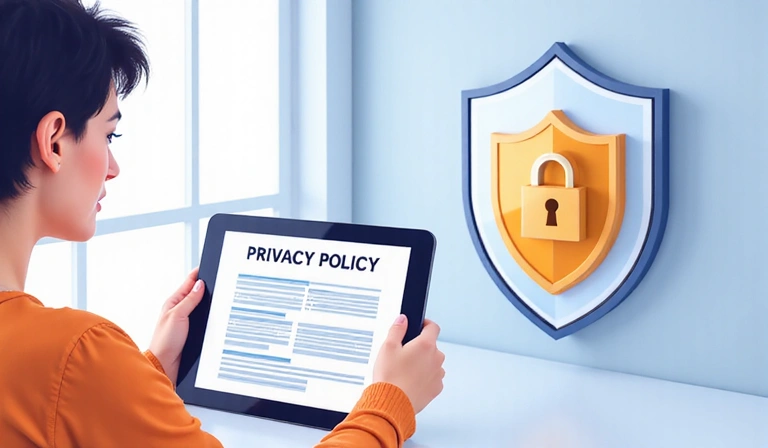 Ilustración de una persona leyendo un documento de política de privacidad con un escudo de seguridad.