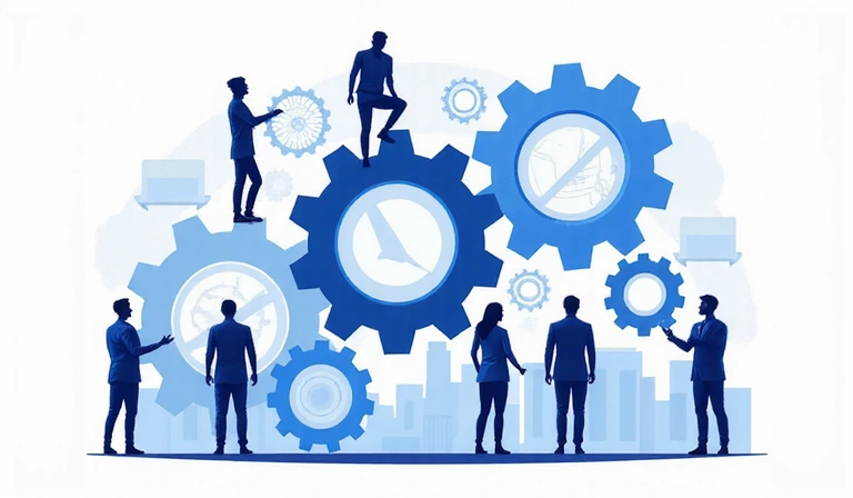 Ilustración de engranajes y personas interactuando, simbolizando cómo los datos mejoran los servicios.