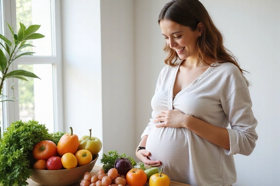 Mujer embarazada comiendo frutas y verduras