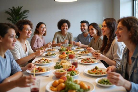 Grupo de personas sonriendo y comiendo alimentos saludables juntos
