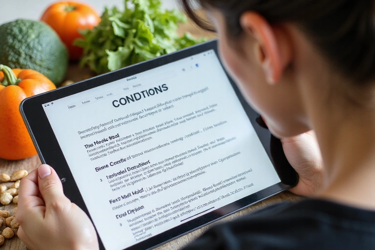 Mujer leyendo términos y condiciones en una tablet con alimentos saludables alrededor